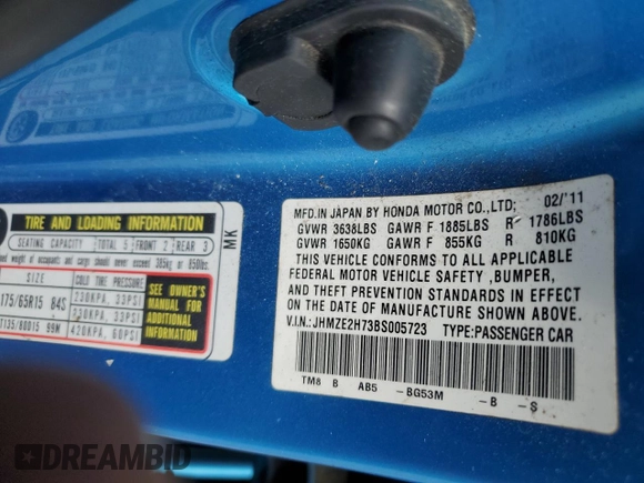 2011 Honda Insight EX with VIN JHMZE2H73BS005723, listed as a Copart auction lot 55420735 with 155,674 mi miles and Salvage title. Bid and sale history available at DreamBid. Image 12.