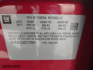 2012 Chevrolet Cruze ECO with VIN 1G1PJ5SC8C7173091, listed as a IAAI auction lot 41640605 with 196,766 mi miles. Bid and sale history available at carsss.com. Image 9.