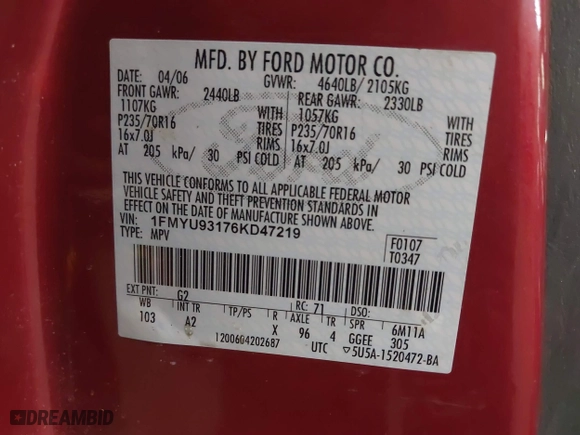 2006 Ford Escape XLT with VIN 1FMYU93176KD47219, listed as a IAAI auction lot 41785112 with 247,175 mi miles. Bid and sale history available at carsss.com. Image 9.