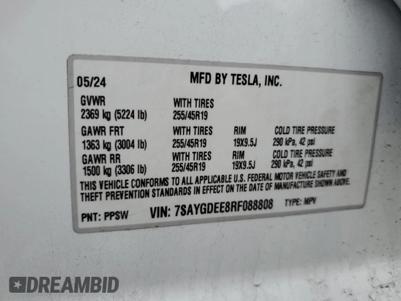 2024 Tesla Model Y Long Range with VIN 7SAYGDEE8RF088808, listed as a Copart auction lot 50406865 with 8,150 mi miles and Salvage title. Bid and sale history available at DreamBid. Image 14.