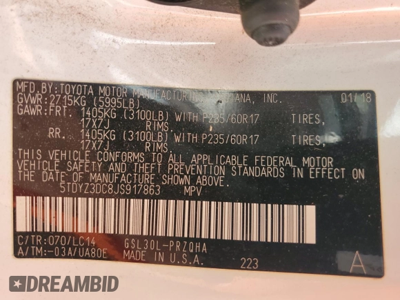 2018 Toyota Sienna XLE Auto Access Seat z VIN 5TDYZ3DC8JS917863, wystawiony jako Copart lot #61825655 z przebiegiem 249 491 mil mil oraz Szkoda całkowita • Salvage title. Historia ofert i sprzedaży dostępna na DreamBid. Obrazek 14.