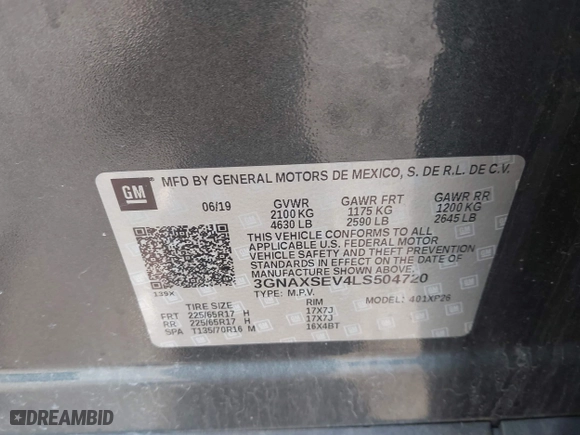 2020 Chevrolet Equinox LS with VIN 3GNAXSEV4LS504720, listed as a IAAI auction lot 41836052 with 110,627 mi miles. Bid and sale history available at carsss.com. Image 9.