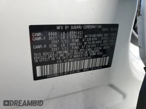 2024 Subaru Ascent Limited z VIN 4S4WMAUD9R3425340, wystawiony jako Copart lot #51583875 z przebiegiem 23 023 mil mil oraz Szkoda całkowita • Salvage title. Historia ofert i sprzedaży dostępna na DreamBid. Obrazek 14.