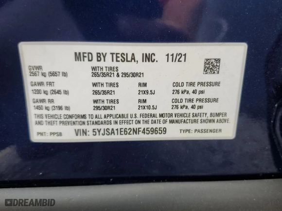 2022 Tesla Model S Plaid with VIN 5YJSA1E62NF459659, listed as a Copart auction lot 86511774 with 14,105 mi miles and Salvage Title. Bid and sale history available at carsss.com. Image 12.