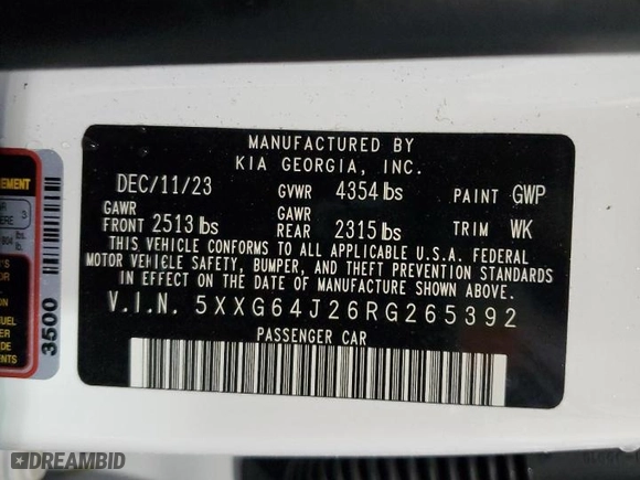 2024 Kia K5 GT-Line with VIN 5XXG64J26RG265392, listed as a Copart auction lot 88160645 with NaN miles and Salvage Title. Bid and sale history available at carsss.com. Image 13.