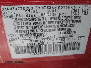 2021 Nissan Sentra SV with VIN 3N1AB8CV2MY316583, listed as a IAAI auction lot 41481784 with 25,985 mi miles and . Bid and sale history available at DreamBid. Image 9.