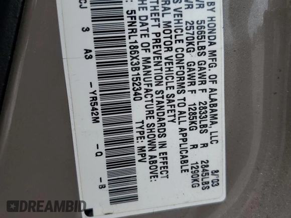 2003 Honda Odyssey EX z VIN 5FNRL186X3B152340, wystawiony jako Copart lot #57883455 z przebiegiem 214 008 mil mil oraz Szkoda całkowita • Salvage title. Historia ofert i sprzedaży dostępna na DreamBid. Obrazek 13.