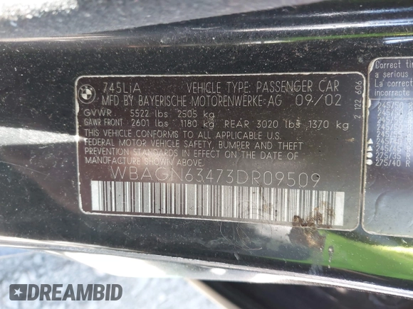 2003 BMW 7 Series 745Li with VIN WBAGN63473DR09509, listed as a IAAI auction lot 42061188 with Not provided miles and . Bid and sale history available at DreamBid. Image 9.