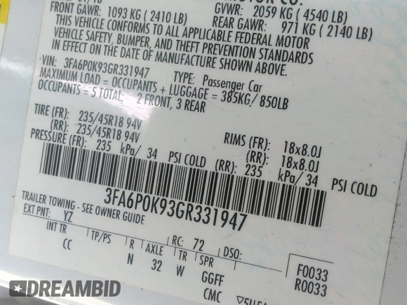 2016 Ford Fusion Titanium with VIN 3FA6P0K93GR331947, listed as a IAAI auction lot 41828409 with 181,555 mi miles and . Bid and sale history available at DreamBid. Image 9.