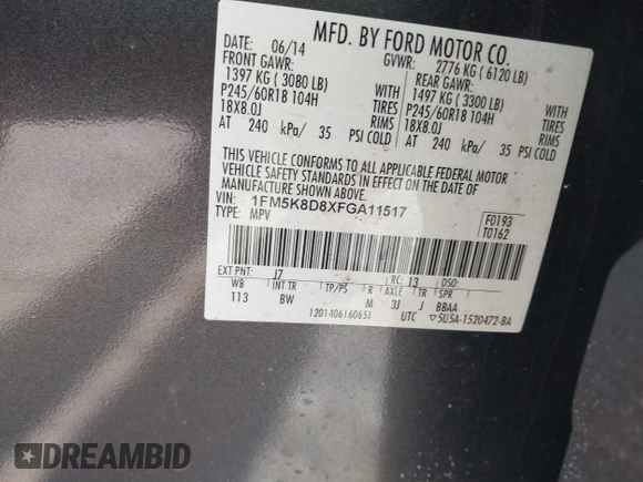 2015 Ford Explorer XLT with VIN 1FM5K8D8XFGA11517, listed as a IAAI auction lot 41723784 with 104,984 mi miles. Bid and sale history available at carsss.com. Image 9.