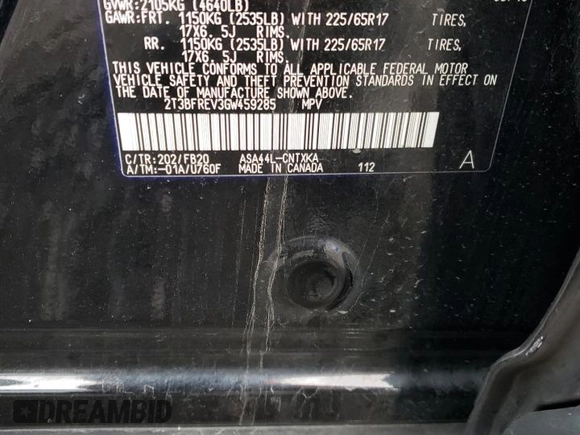 2016 Toyota RAV4 LE with VIN 2T3BFREV3GW459285, listed as a Copart auction lot 86578104 with 108,122 mi miles and Salvage Title. Bid and sale history available at DreamBid. Image 13.