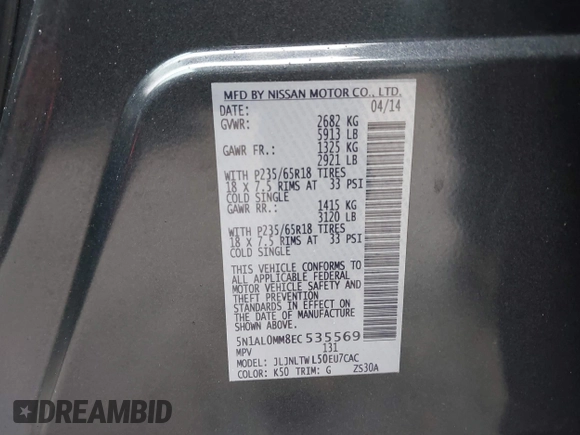 2014 Infiniti QX60 with VIN 5N1AL0MM8EC535569, listed as a IAAI auction lot 41961794 with 126,094 mi miles and . Bid and sale history available at DreamBid. Image 9.