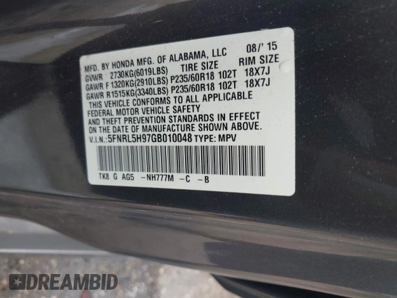 2016 Honda Odyssey Touring Elite with VIN 5FNRL5H97GB010048, listed as a IAAI auction lot 40212711 with 119,009 mi miles and . Bid and sale history available at DreamBid. Image 9.