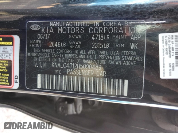 2017 Kia Cadenza Premium with VIN KNALC4J12H5090489, listed as a Copart auction lot 69337834 with 87,111 mi miles and Salvage Title. Bid and sale history available at carsss.com. Image 13.