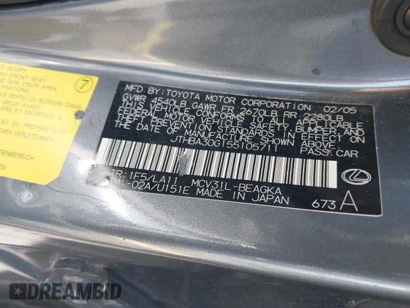 2005 Lexus ES 350 с VIN JTHBA30G155105711, выставлен на аукционе IAAI как лот 42669469 с пробегом 190 237 миль миль и . История ставок и продаж доступна на DreamBid. Изображение 9.