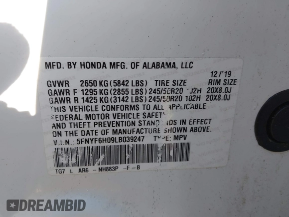 2020 Honda Pilot Elite with VIN 5FNYF6H09LB039247, listed as a IAAI auction lot 41364383 with 56,865 mi miles and . Bid and sale history available at DreamBid. Image 9.