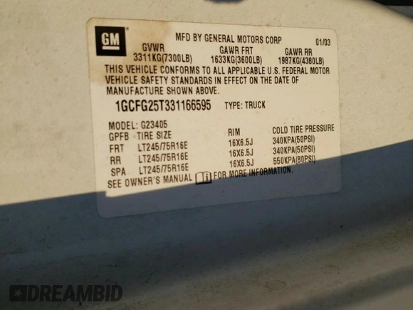 2003 Chevrolet Express Cargo with VIN 1GCFG25T331166595, listed as a Copart auction lot 88467555 with 46,303 mi miles and Salvage Title. Bid and sale history available at DreamBid. Image 15.