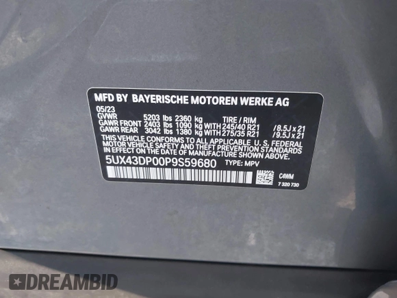 2023 BMW X3 sDrive30i z VIN 5UX43DP00P9S59680, wystawiony jako IAAI lot #42018453 z przebiegiem Nie podano mil oraz . Historia ofert i sprzedaży dostępna na DreamBid. Obrazek 9.
