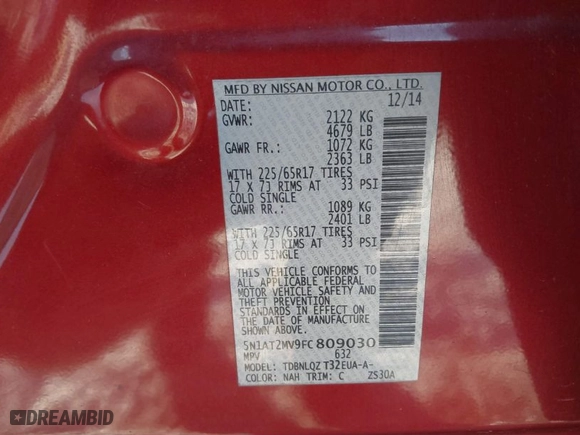 2015 Nissan Rogue SV with VIN 5N1AT2MV9FC809030, listed as a IAAI auction lot 41331092 with 144113 miles. Bid and sale history available at carsss.com. Image 9.