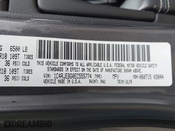 2014 Jeep Grand Cherokee Limited with VIN 1C4RJEBG0EC555774, listed as a IAAI auction lot 42160952 with 102,076 mi miles and . Bid and sale history available at DreamBid. Image 9.