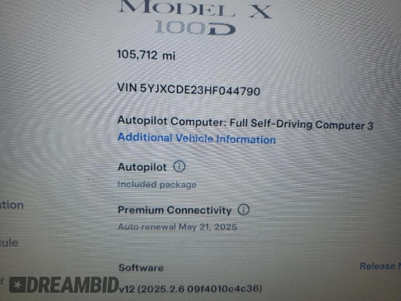 2017 Tesla Model X 90D with VIN 5YJXCDE23HF044790, listed as a Copart auction lot 52376565 with 105,712 mi miles and Salvage Title. Bid and sale history available at DreamBid. Image 9.