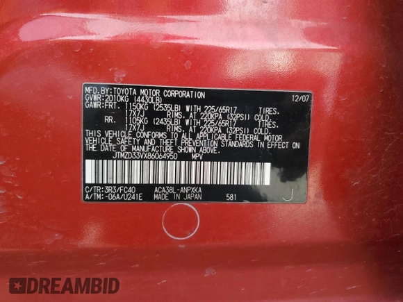 2008 Toyota RAV4 with VIN JTMZD33VX86064950, listed as a Copart auction lot 50355765 with 196,924 mi miles and Salvage Title. Bid and sale history available at carsss.com. Image 12.