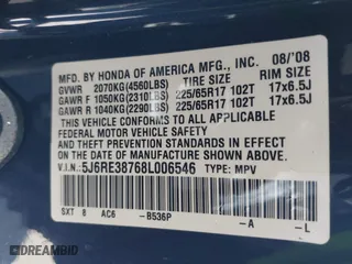 2008 Honda CR-V EX-L with VIN 5J6RE38768L006546, listed as a IAAI auction lot 41810539 with 204,086 mi miles. Bid and sale history available at carsss.com. Image 9.