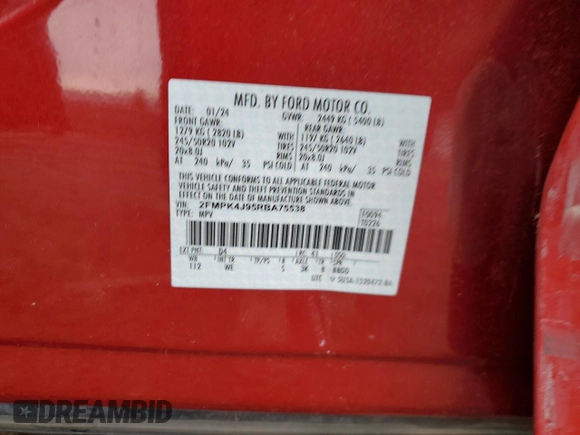 2024 Ford Edge SEL z VIN 2FMPK4J95RBA75538, wystawiony jako Copart lot #52391985 z przebiegiem 1 402 mil mil oraz Szkoda całkowita • Salvage title. Historia ofert i sprzedaży dostępna na DreamBid. Obrazek 15.