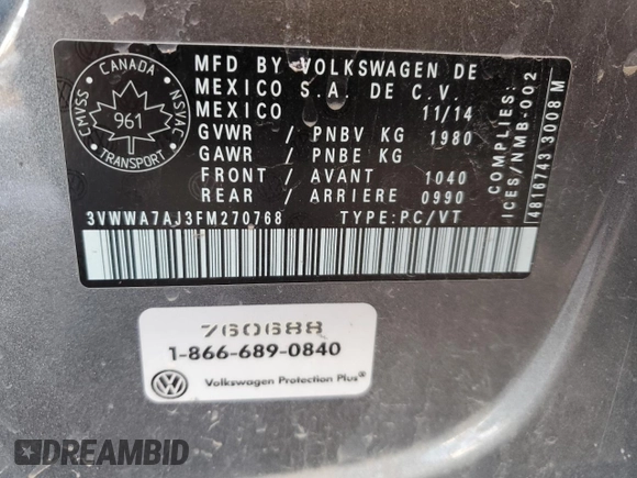 2015 Volkswagen Jetta with VIN 3VWWA7AJ3FM270768, listed as a Copart auction lot 41975575 with 208,593 mi miles and Salvage title. Bid and sale history available at DreamBid. Image 13.