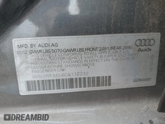 2012 Audi A4 2.0T Premium Plus with VIN WAUWFAFL4CA112232, listed as a Copart auction lot 52440085 with 132,883 mi miles and Clean Title. Bid and sale history available at carsss.com. Image 12.