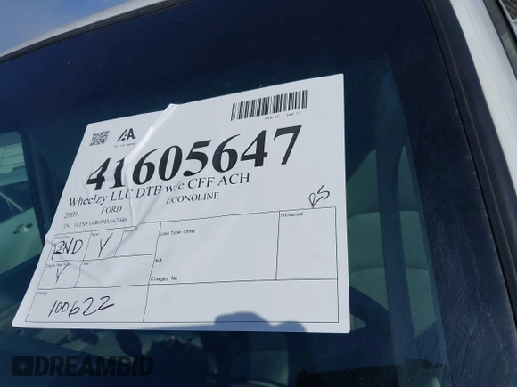 2009 Ford Econoline Cargo Commercial with VIN 1FTNE14W09DA62046, listed as a IAAI auction lot 41605647 with 100,622 mi miles and . Bid and sale history available at DreamBid. Image 12.