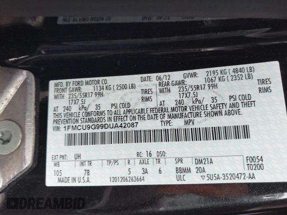 2013 Ford Escape SE with VIN 1FMCU9G99DUA42087, listed as a IAAI auction lot 41930813 with 161,366 mi miles. Bid and sale history available at carsss.com. Image 9.