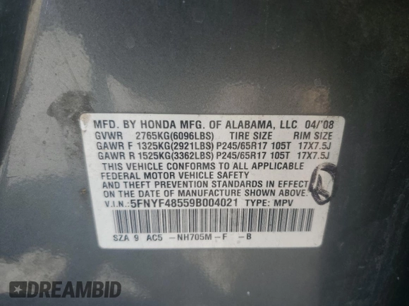 2009 Honda Pilot EX-L z VIN 5FNYF48559B004021, wystawiony jako Copart lot #59282595 z przebiegiem 215 844 mil mil oraz Nie do naprawy • Non repairable. Historia ofert i sprzedaży dostępna na DreamBid. Obrazek 14.