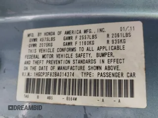 2011 Honda Accord EX-L with VIN 1HGCP3F82BA014374, listed as a IAAI auction lot 42714947 with 201,059 mi miles and . Bid and sale history available at DreamBid. Image 9.