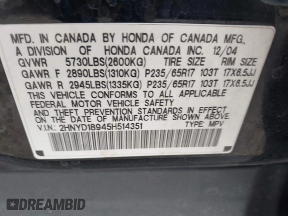 2005 Acura MDX Touring with VIN 2HNYD18945H514351, listed as a IAAI auction lot 41688097 with 323,000 mi miles. Bid and sale history available at carsss.com. Image 9.