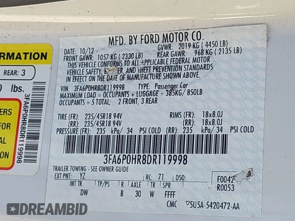 2013 Ford Fusion SE with VIN 3FA6P0HR8DR119998, listed as a IAAI auction lot 42090491 with 195,890 mi miles. Bid and sale history available at carsss.com. Image 9.