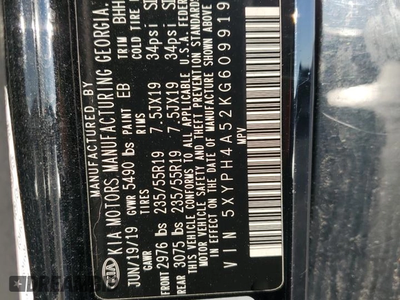 2019 Kia Sorento EX Sport V6 with VIN 5XYPH4A52KG609919, listed as a Copart auction lot 42427105 with 92,308 mi miles and Salvage Title. Bid and sale history available at carsss.com. Image 15.