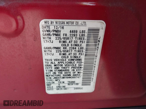 2017 Nissan Rogue SV with VIN JN8AT2MT6HW388747, listed as a IAAI auction lot 42406697 with 172,918 mi miles and . Bid and sale history available at DreamBid. Image 9.