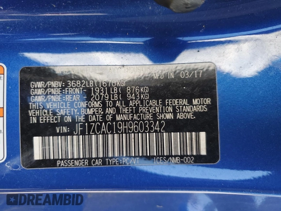 2017 Subaru BRZ Limited with VIN JF1ZCAC19H9603342, listed as a Copart auction lot 57273435 with 55,250 mi miles and Salvage title. Bid and sale history available at DreamBid. Image 12.