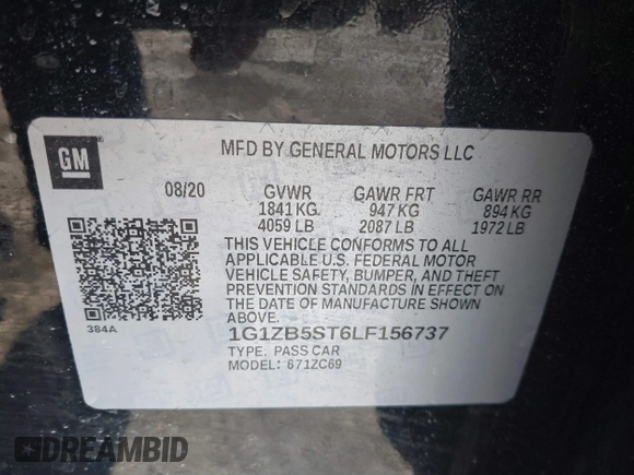 2020 Chevrolet Malibu LS with VIN 1G1ZB5ST6LF156737, listed as a IAAI auction lot 41878766 with 137,745 mi miles and . Bid and sale history available at DreamBid. Image 9.