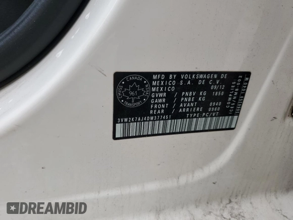 2013 Volkswagen Jetta S with VIN 3VW2K7AJ4DM377451, listed as a Copart auction lot 61643045 with 183,198 mi miles and Salvage title. Bid and sale history available at DreamBid. Image 12.