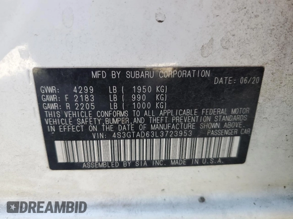 2020 Subaru Impreza Premium with VIN 4S3GTAD63L3723953, listed as a Copart auction lot 62347945 with Not provided miles and Salvage title. Bid and sale history available at DreamBid. Image 12.