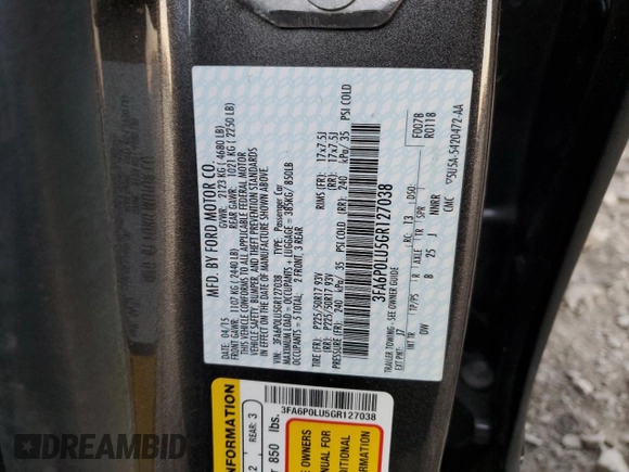 2016 Ford Fusion SE Hybrid with VIN 3FA6P0LU5GR127038, listed as a Copart auction lot 79508174 with 56,555 mi miles and Salvage Title. Bid and sale history available at carsss.com. Image 12.