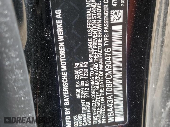 2023 BMW 4 Series 430i xDrive with VIN WBA43AT08PCM90476, listed as a Copart auction lot 50727785 with 11,677 mi miles and Salvage Title. Bid and sale history available at DreamBid. Image 12.