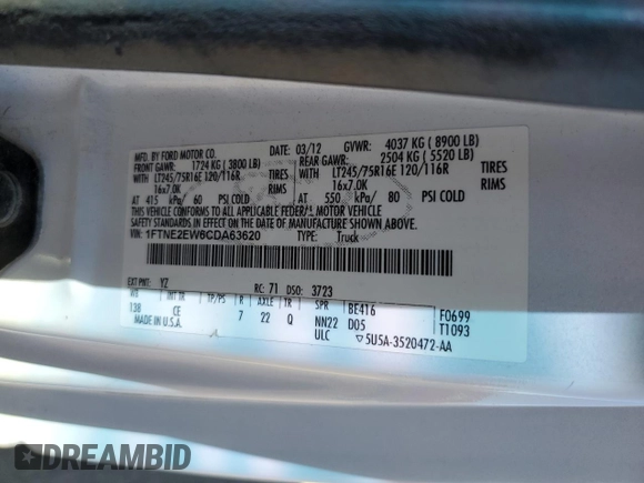 2012 Ford Econoline Cargo Recreational with VIN 1FTNE2EW6CDA63620, listed as a Copart auction lot 47091295 with 152,950 mi miles and Salvage title. Bid and sale history available at DreamBid. Image 13.