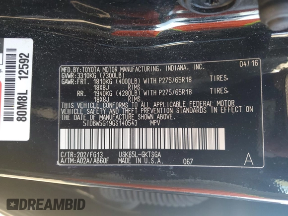 2016 Toyota Sequoia SR5 with VIN 5TDBW5G19GS140543, listed as a Copart auction lot 79148714 with 86,308 mi miles and Non Repairable. Bid and sale history available at carsss.com. Image 14.