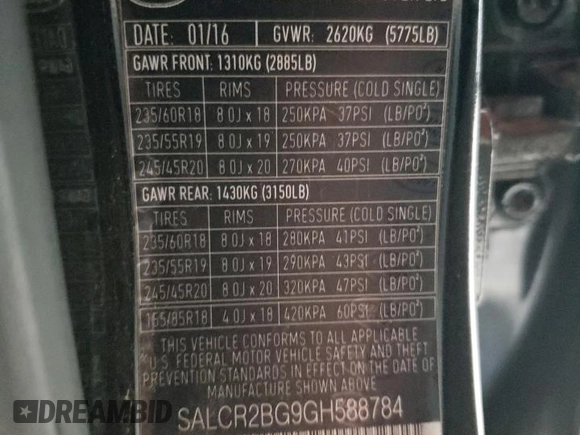 2016 Land Rover Discovery Sport HSE z VIN SALCR2BG9GH588784, wystawiony jako Copart lot #86522584 z przebiegiem 81 275 mil mil oraz Szkoda całkowita • Salvage title. Historia ofert i sprzedaży dostępna na DreamBid. Obrazek 13.