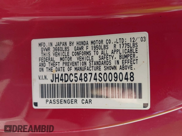 2004 Acura RSX with VIN JH4DC54874S009048, listed as a IAAI auction lot 40386772 with 202,707 mi miles. Bid and sale history available at carsss.com. Image 9.