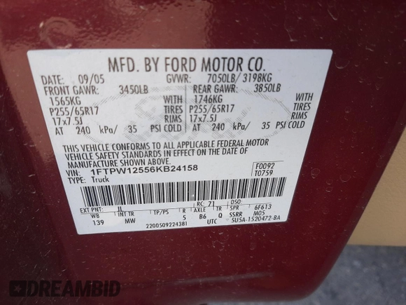 2006 Ford F-150 XLT with VIN 1FTPW12556KB24158, listed as a Copart auction lot 58204215 with 156,338 mi miles and Salvage title. Bid and sale history available at DreamBid. Image 14.