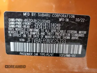 2022 Subaru WRX Premium with VIN JF1VBAF69N9025733, listed as a Copart auction lot 45037225 with 14,791 mi miles and Salvage title. Bid and sale history available at DreamBid. Image 12.